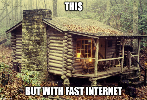 picture of a cabin in the woods overlaid with THIS in white lettering at the top and BUT WITH FAST INTERNET at the bottom