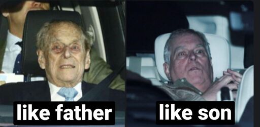 2 photos comparing prince phillip and ex-prince andrew, looking fully sick in a car, caption reads 'like father, like son'